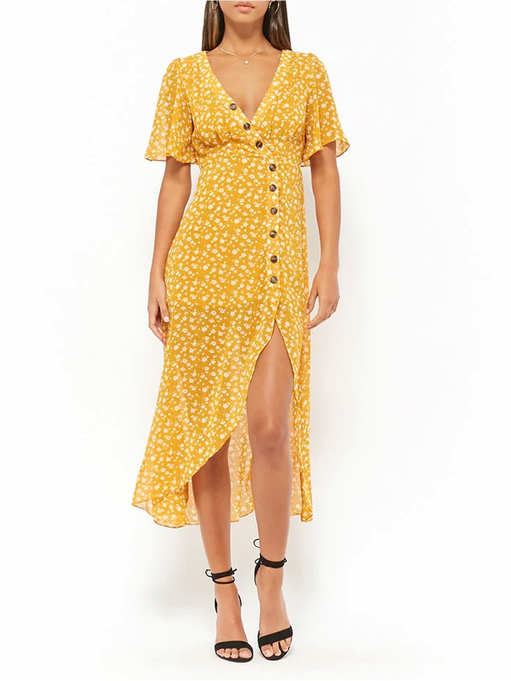 Yellow Autumn Floral Button-Front High-Low Maxi Dress
